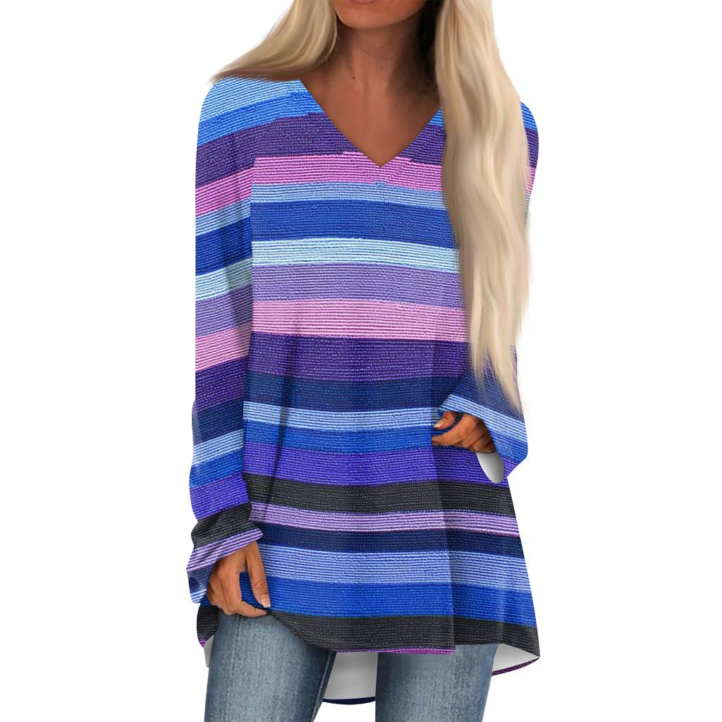 Women's Fashionable Casual Long-Sleeved Striped Print V-Neck Mid-Length Top