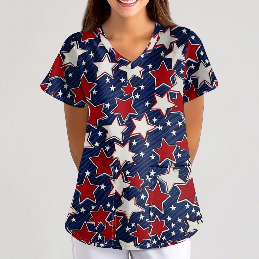 Plus Size Printed Scrub Working Uniform Tops For Women's Cross V-Neck  Short Sleeve Fun T-Shirts Workwear Tee With Pockets