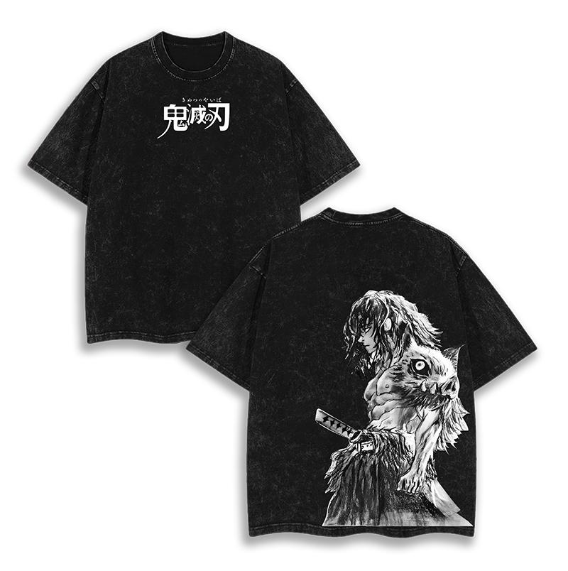 Hashibira Inosuke Print T-Shirt Dämonentöter Anime Übergroße Kleidung Herren Damen Baumwoll-T-Shirts Retro Gewaschenes Tee Harajuku Tees Damen Herren Kleidung