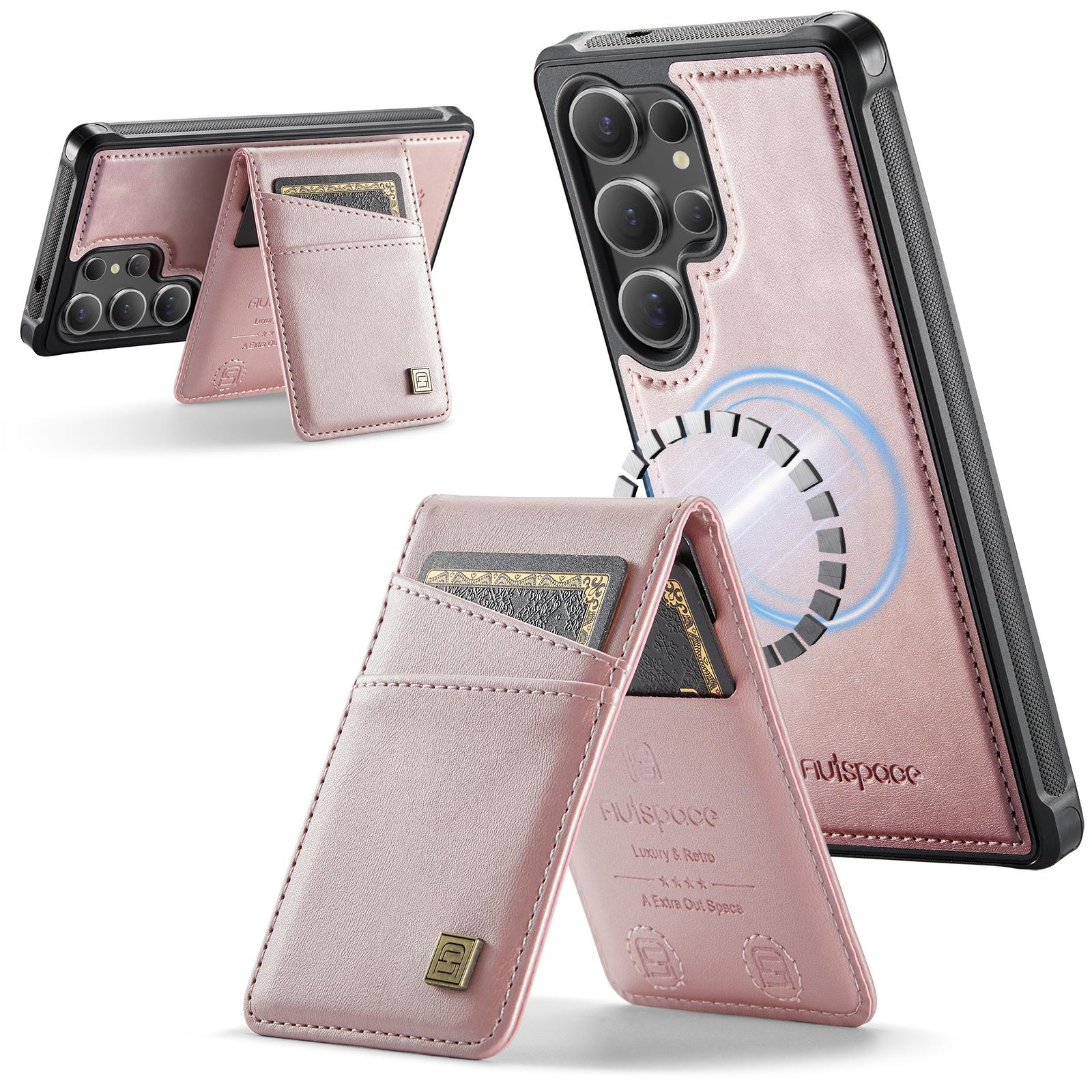 

For Samsung Galaxy S25 Ultra Case AUTSPACE A12 Leather Back Cover with Magnetic Detachable Card Bag Kickstand Rose Gold