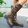 Fashion Women's Adjustable Buckle Riding Boots with Side Zipper Fashion Black PU Leather Knee High Boots Women Autumn Winter Long Botas
