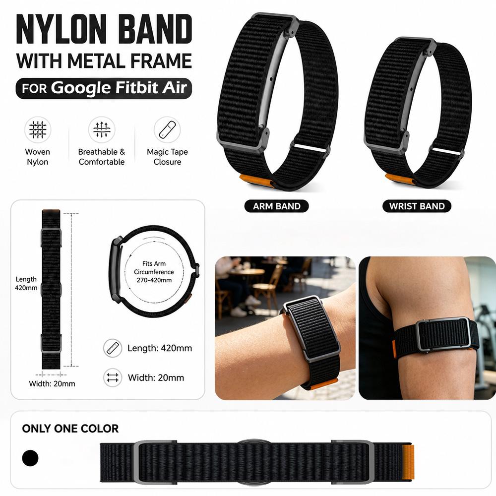 Soft Breathable Nylon Wristband & Armband Set for Google Fitbit Air Integrated Metal Frame Strap Sport Replacement Accessory