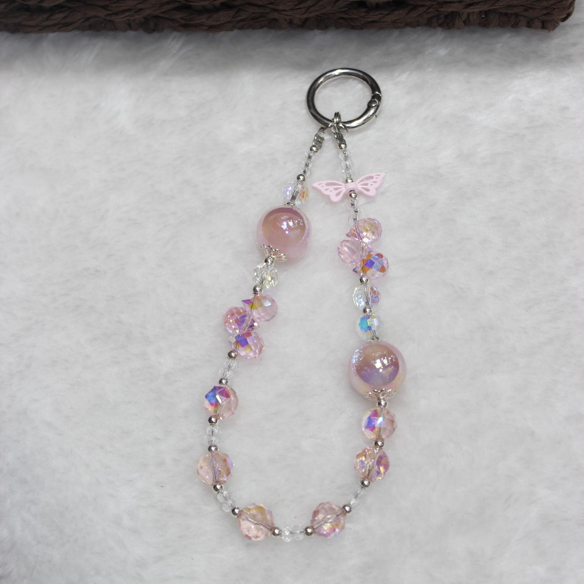 Cell Phone Lanyard 26cm Butterfly Charm Crystal Beads Phone Chain Wrist Strap A