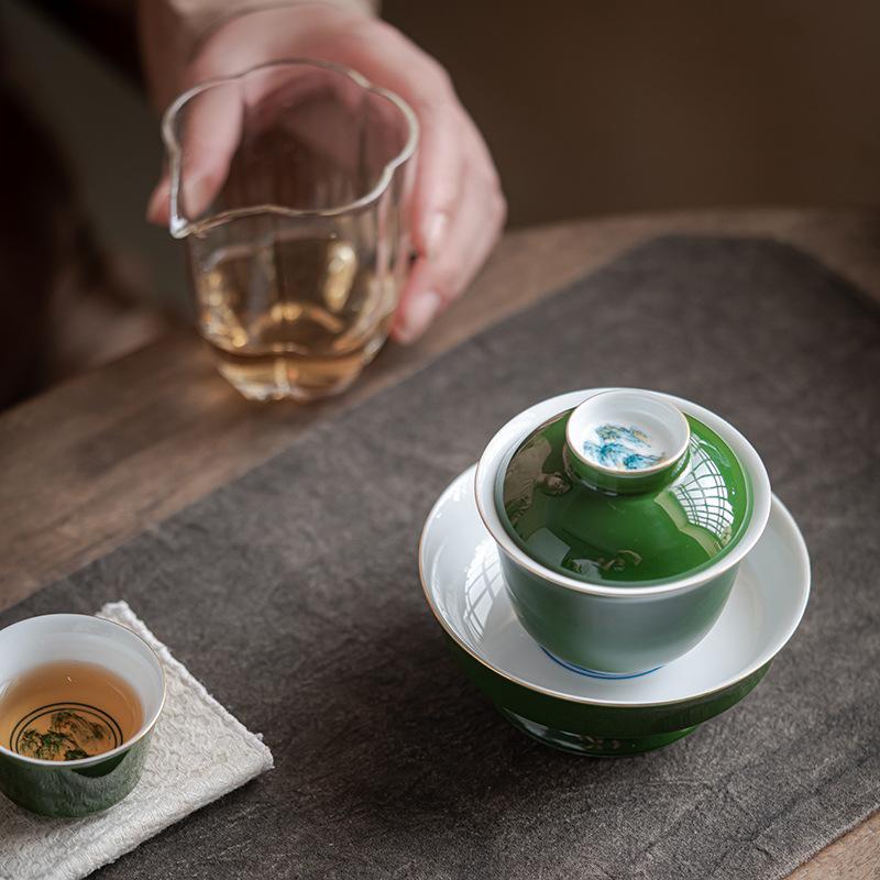 Emerald Green Hand Painted Thousand Mile Landscape Cover Bowl Original Glaze Ceramic Antique Style Gongfu Anti Scald Tea Set