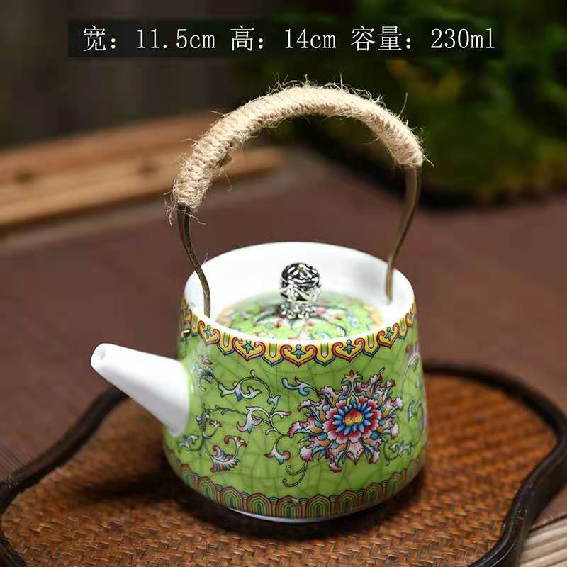 Large Ceramic Teapot Set with Hand Painted Flowers Home Tea Brewing Kungfu Tea Kit with Handle