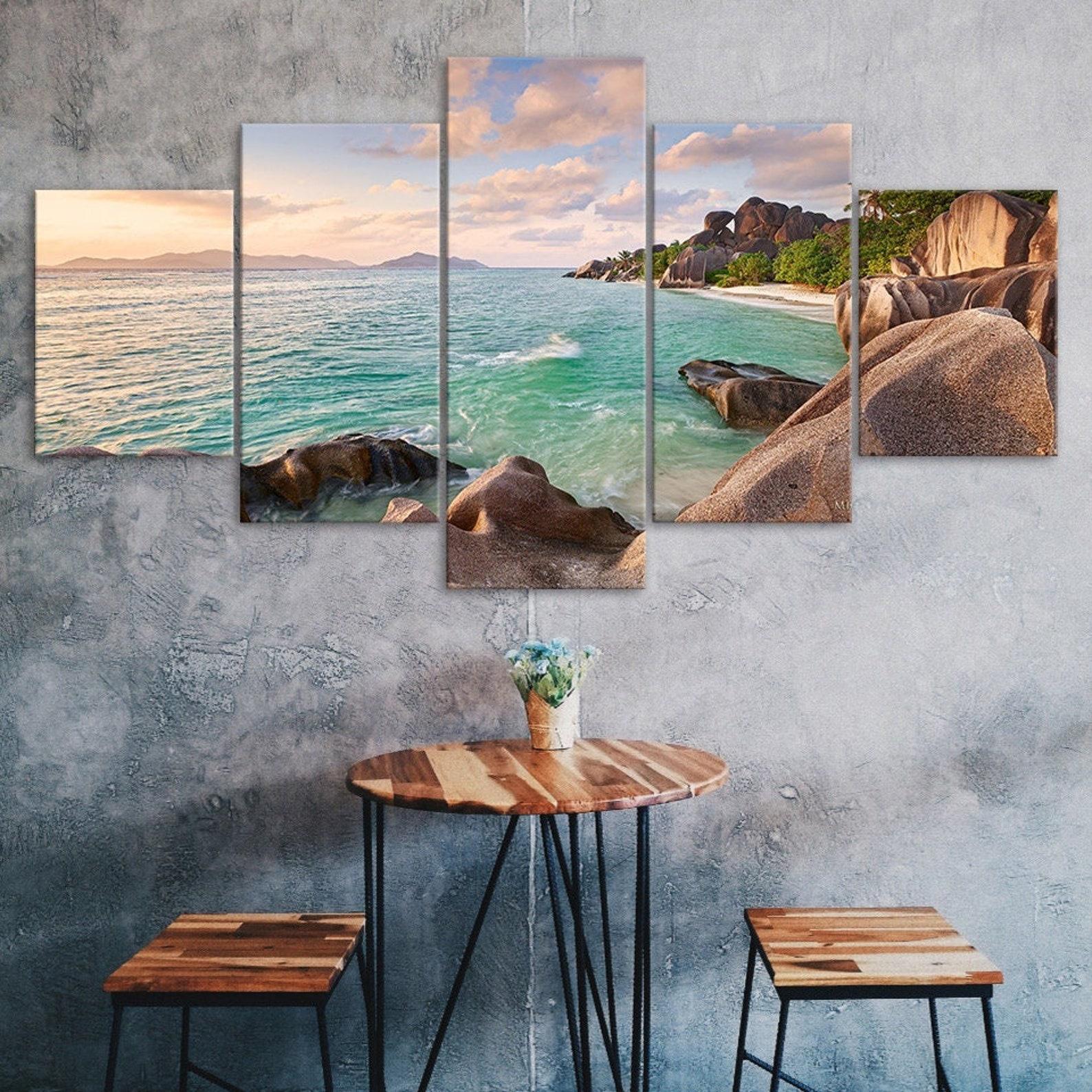 

Rocky Seashore Beach Tropical Island 5 Piece Five Panel Wall Canvas Print Modern Art Poster Picture Home Decor Gift For Him For Her 20X35 20X45 20X55CM