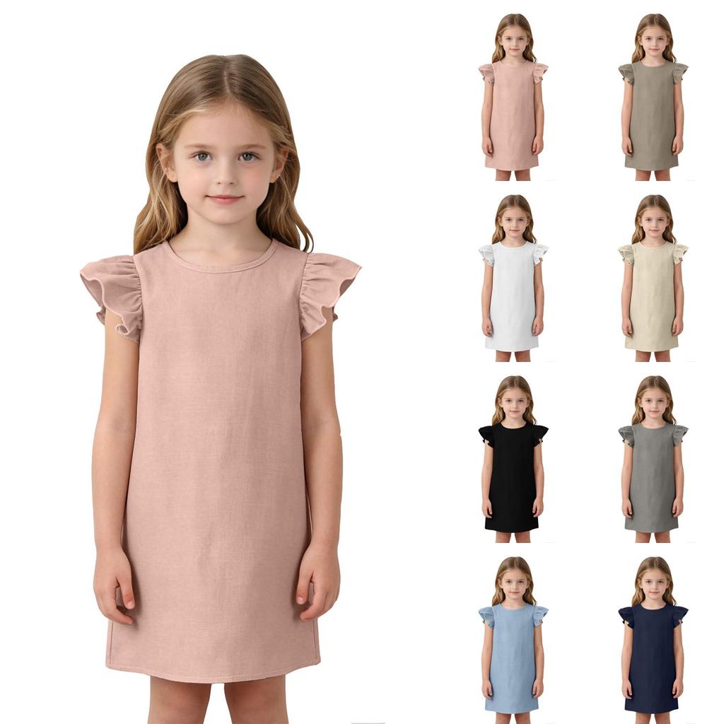 Girls Ruffle Sleeve Casual Dress Crew Neck Soft Fabric Comfortable Fit Simple Design for Everyday Wear