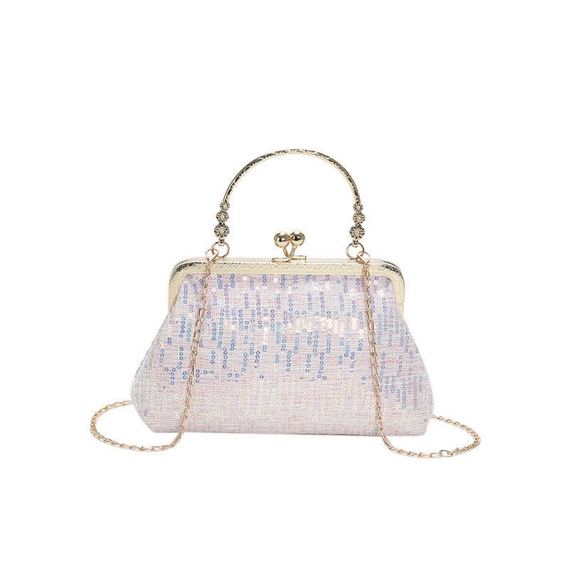 Stylish 2023 Spring New Korean Vintage Sequin Evening Handbag In Pink Purple White