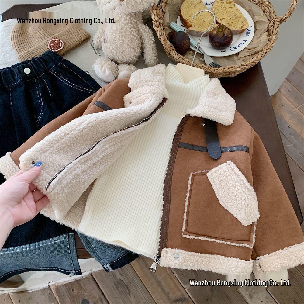 Motorradjacke für Jungen mit Fleecefutter und Pelzbesatz - Dicke Lammwoll-Winterjacke für Kleinkinder und Kinder