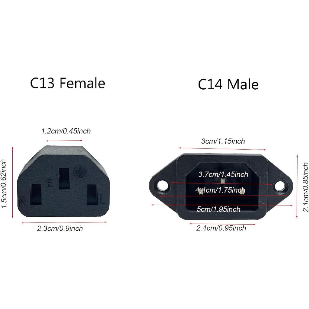 C14 to C13 Panel Mount Power Cable, 90 Degree Left IEC 320 C13 Female to C14 Male PDU Power Supply Extension Cord, for Computer LED HDTV Monitor and