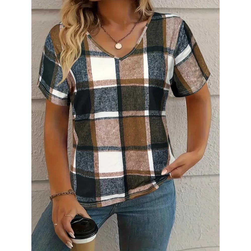 Summer plaid women's V-neck T-shirt outdoor casual short-sleeved top