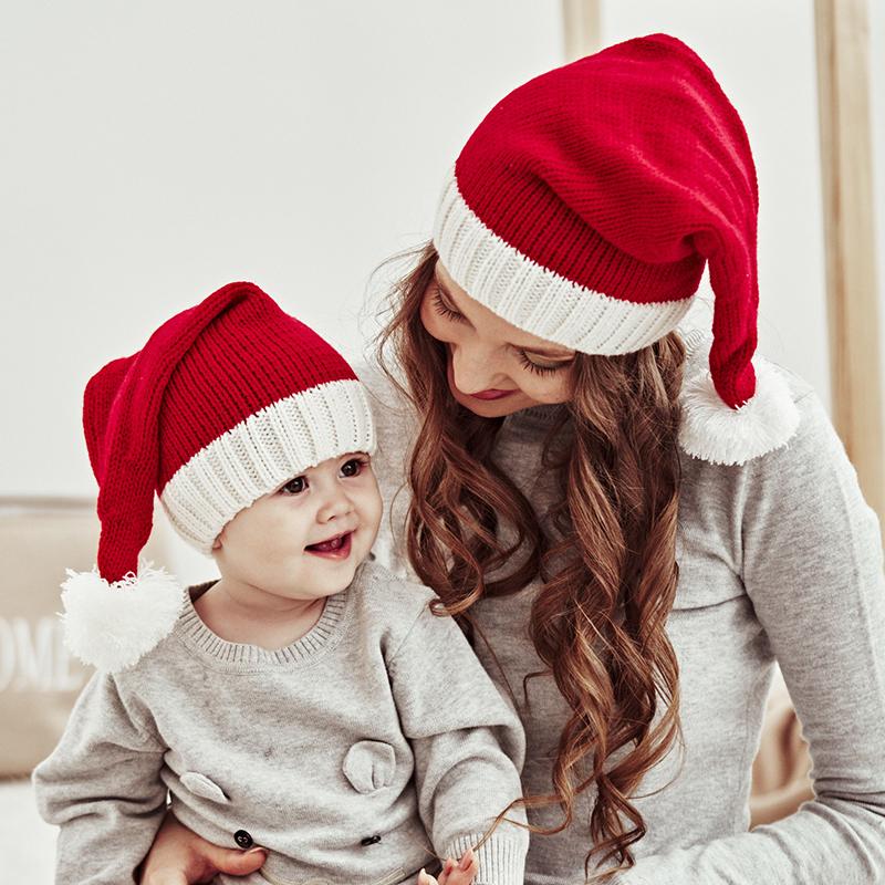 2026 Parent-Child Santa Claus Knitted Hat Mother Baby Cute Christmas Warm Hat for New Year Party Kid Gift Santa Cap Decoration