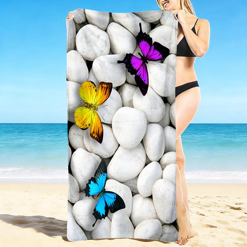 1Pc Butterflies Pebbles Beach Towel, Quick Dry, Multi-Use for Beach Pool Gym Yoga Home Travel, Christmas, Halloween, Xmas Gift M928109