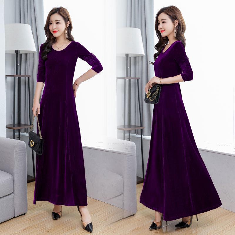 Plus Size Gold Velvet Long-Sleeve Dress - Spring/Autumn Style