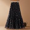 Qooth Retro Women Floral A Line Pleated Skirt Elegant Wide Hem Mid Length Elastic Waist Skirt QT2644
