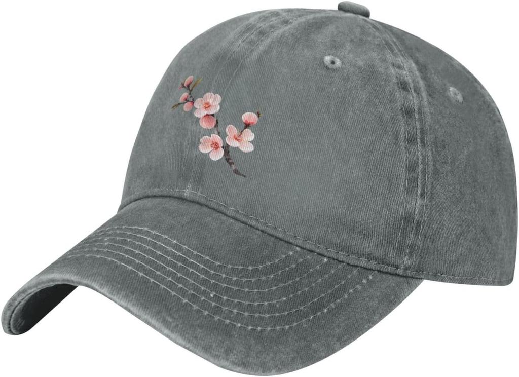 Black Beautiful Peach Blossom Branches Printed Washed Cowboy Baseball Cap for Adults Stylish and Breathable Hat