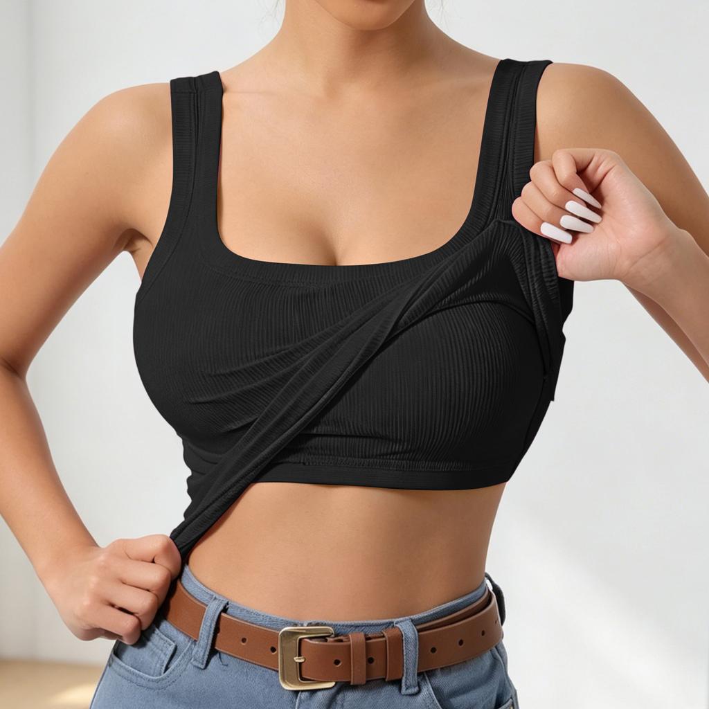 Women's Square Neck Built-in Pads Tank Top Slim Fit Versatile Cami