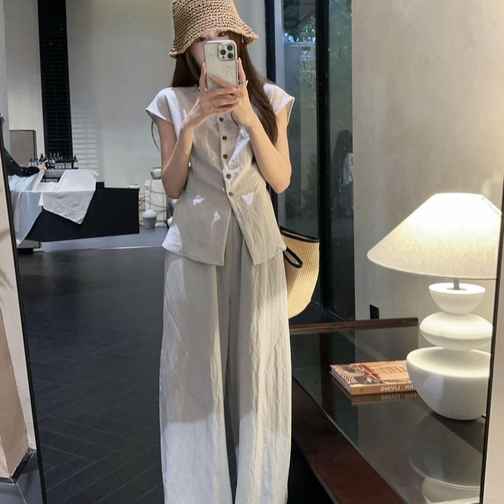 Summer Casual Waist-Cinching Two-Piece Set: Fashionable 2025 Shirt with Floor-Length Wide-Leg Pants