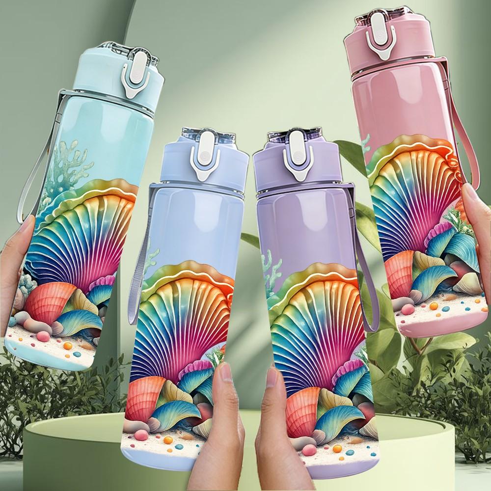 1PC Coral Shell Tropical Ocean Print 750ml Color Plastic Sports Water Bottle Leakproof Flip Straw Lid Suitable for Sports Office Home Use