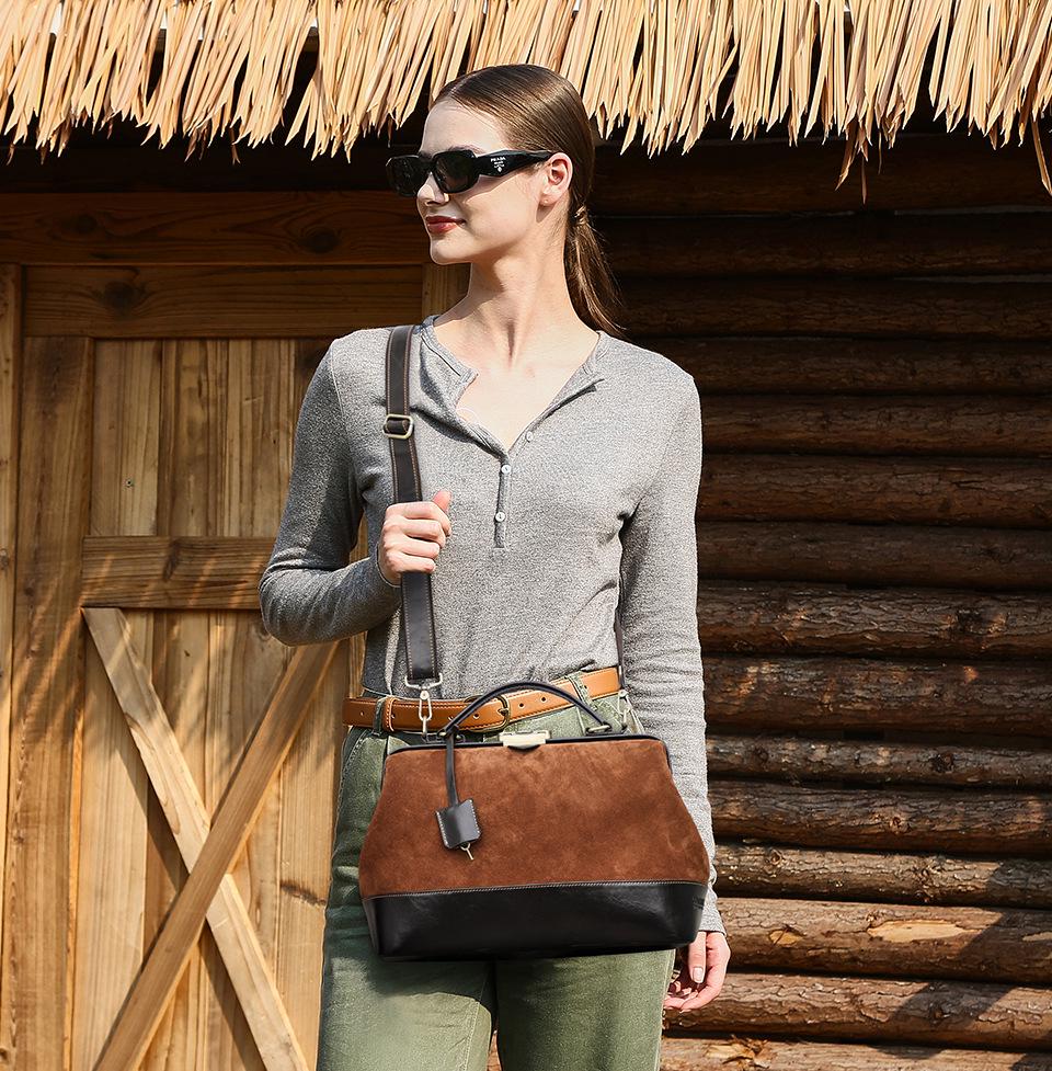 Black Angel Genuine Leather Women's Crossbody Doctor Bag with Suede Buckle