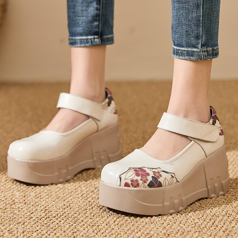 Fashion GKTINOO Thick Soled Heightening Pumps 2025 Spring New Genuine Leather Hook & Loop Versatile Retro Women's Platform Shoes