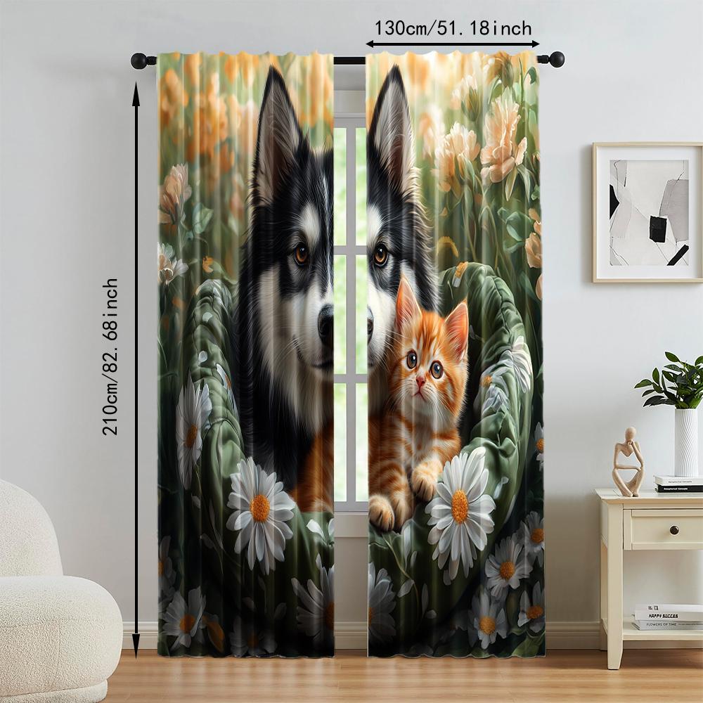 2 Pcs   Versatile Polyester Transparent Curtains for Home Decoration Cute Dog with Cat for Use In Bedrooms and Living Rooms