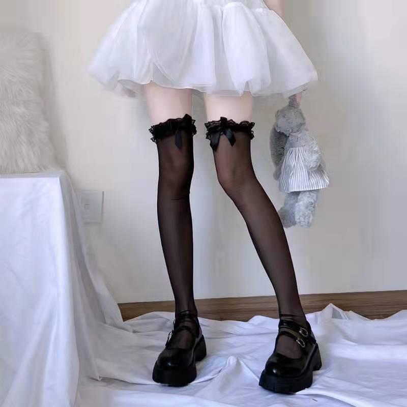 Women's Japanese Lolita Bow Lace Mid-Calf Socks - Black, Thin Summer Silks