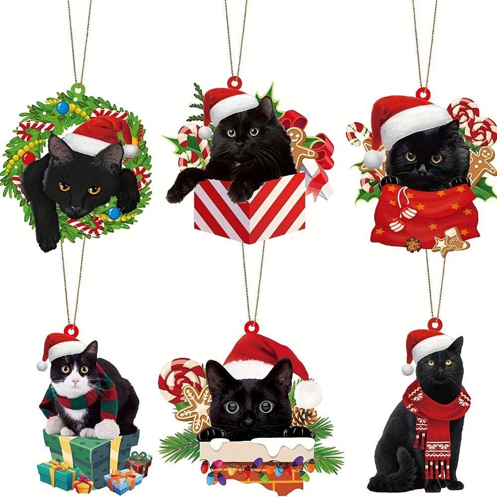 

6Pcs Acrylic Black Cat Pendant 2D Christmas Decoration Black Cat Christmas Ornaments Holiday 6pcs