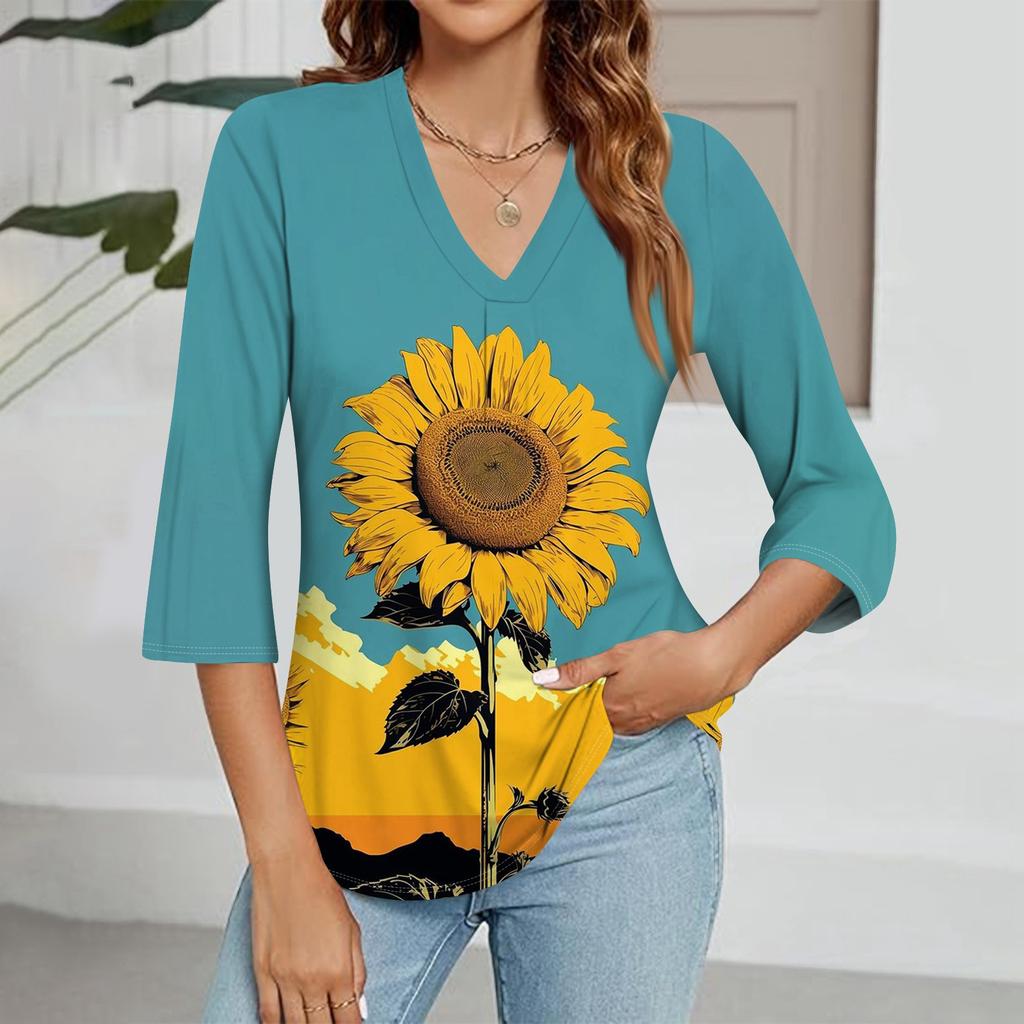 Modisches Oberteil mit V-Ausschnitt, Farbverlauf-Print und Dreiviertelärmeln für Damen