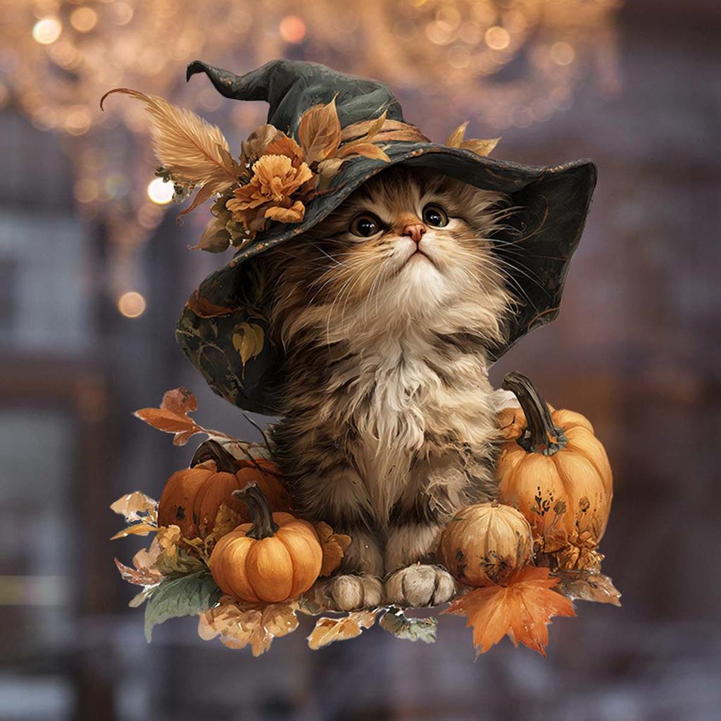 Retro-style Autumn Cat Window Sticker with Warm Elements. Self-adhesive and Seamless Sticker.