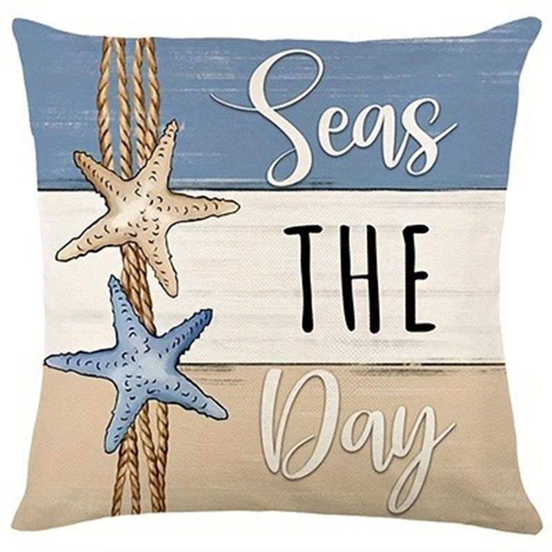 Conch Starfish Shell Print Home Decor Pillowcase Bedroom Living Room Sofa Decor Polyester Cushion Cover with Zipper