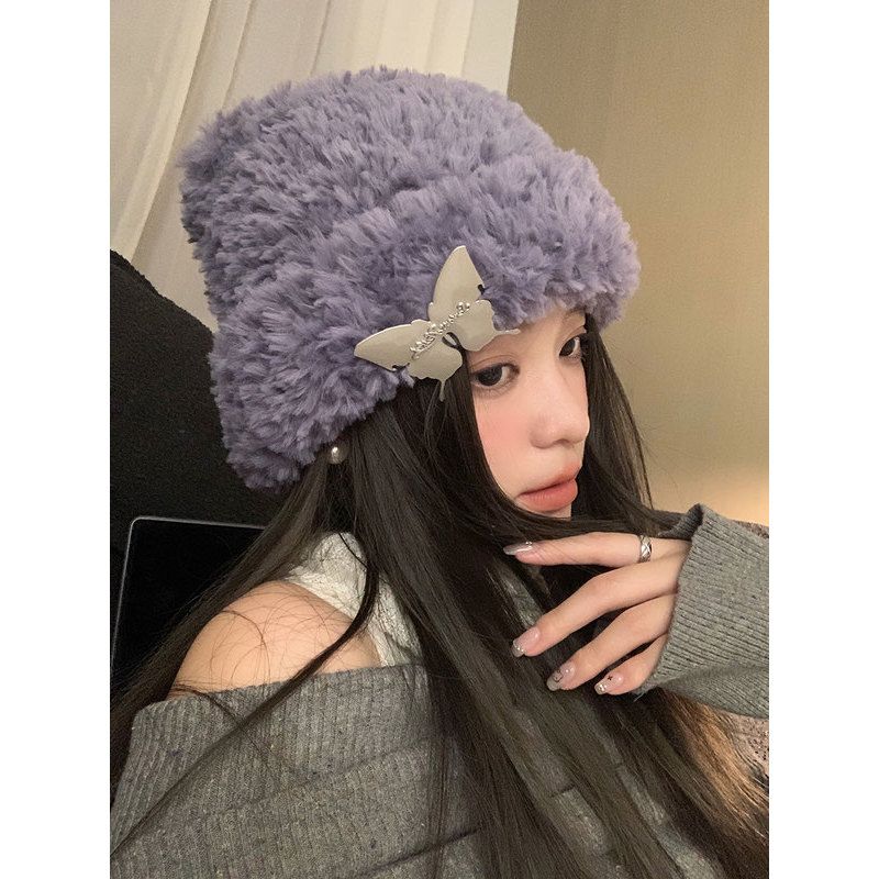 

Плюшевая шапка-бини с бабочкой, зимняя, женская, плюшевая, утолщенная, теплая, ветрозащитная, велосипедные наушники, вязаная шапка one size (54-59cm) лаванды фиолетового