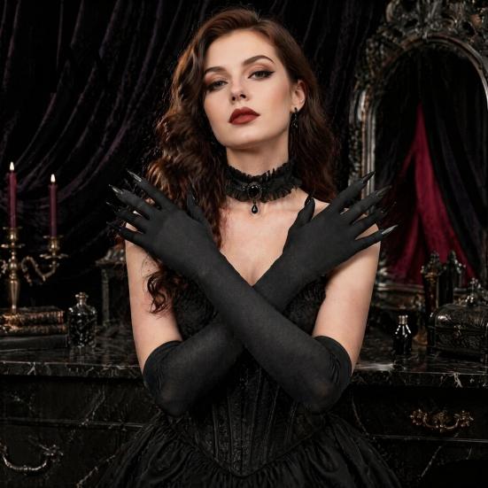 Comfortable Spooky Gloves 1 Pair Halloween Ghost Claw Gloves, Long Fingernail Witch Costume Elastic Polyester Accessory, Dark Party Performance
