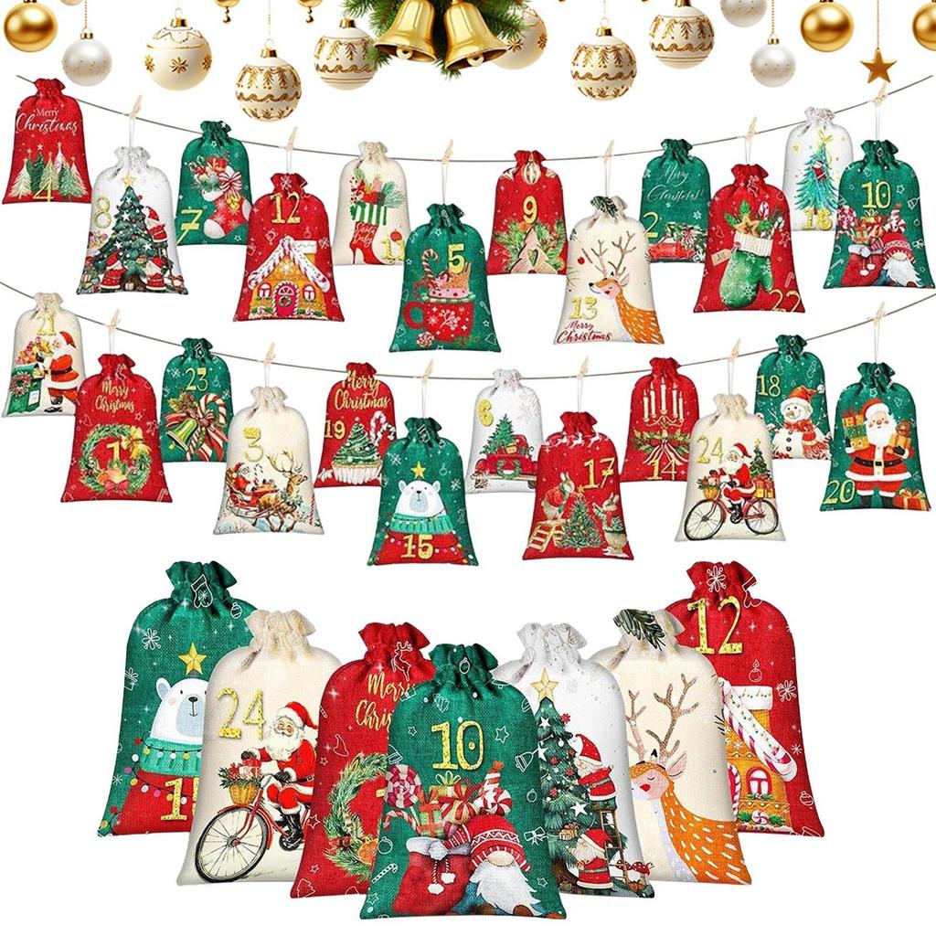 24-days Christmas Advent Countdown Calendar Bags 24 Numbered DIY Empty Burlap Bundle Pockets Christmas Fabric Storage Bags