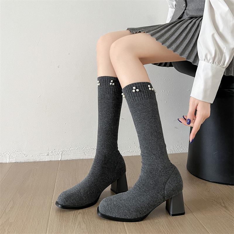 Flying Woven Thick Heel Small Square Head Thin Boots 2025 Autumn New Thick-soled Casual Versatile Knee Boots Elastic Socks Boots