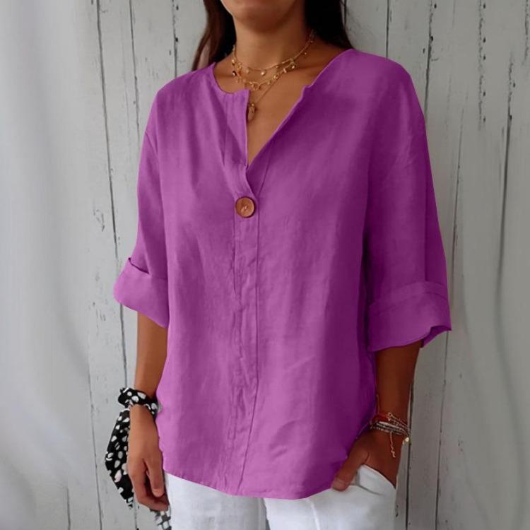 Bluse T-shirt da Donna in Cotone e Lino Larghe con Scollo a V e Bottoni Nuove Camicie Estive