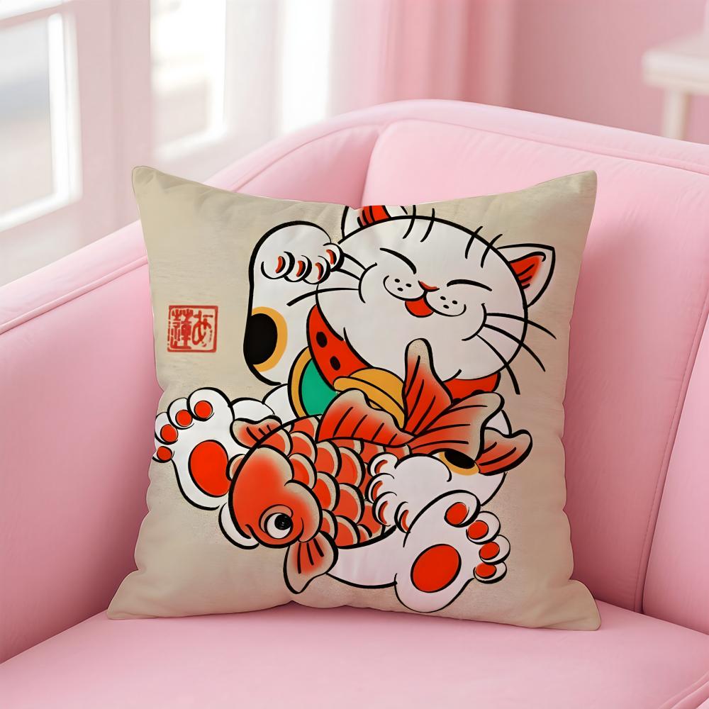 Rich Luck Maneki  neko Cushion Cover Linen Pillowcase Cover Soft Decor for Sofa Home Room