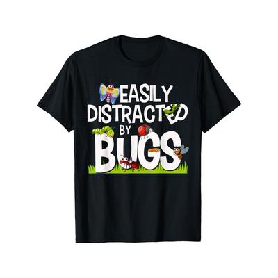 Europäische Größen Kinder Buntes Käfer-Print Schwarzes T-Shirt | Rundhalsausschnitt, Lässiges T-Shirt, Mittlere Dehnbarkeit Strickstoff, Normale Passform für Jungen & Mädchen,