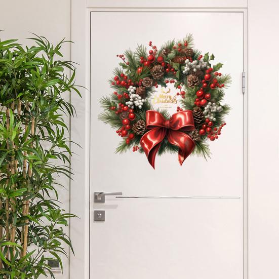 Christmas Wreath Window Clings for Wall Window Door Large Removable PVC Wreath Decals with Pine Cones Berries for Holiday Decor