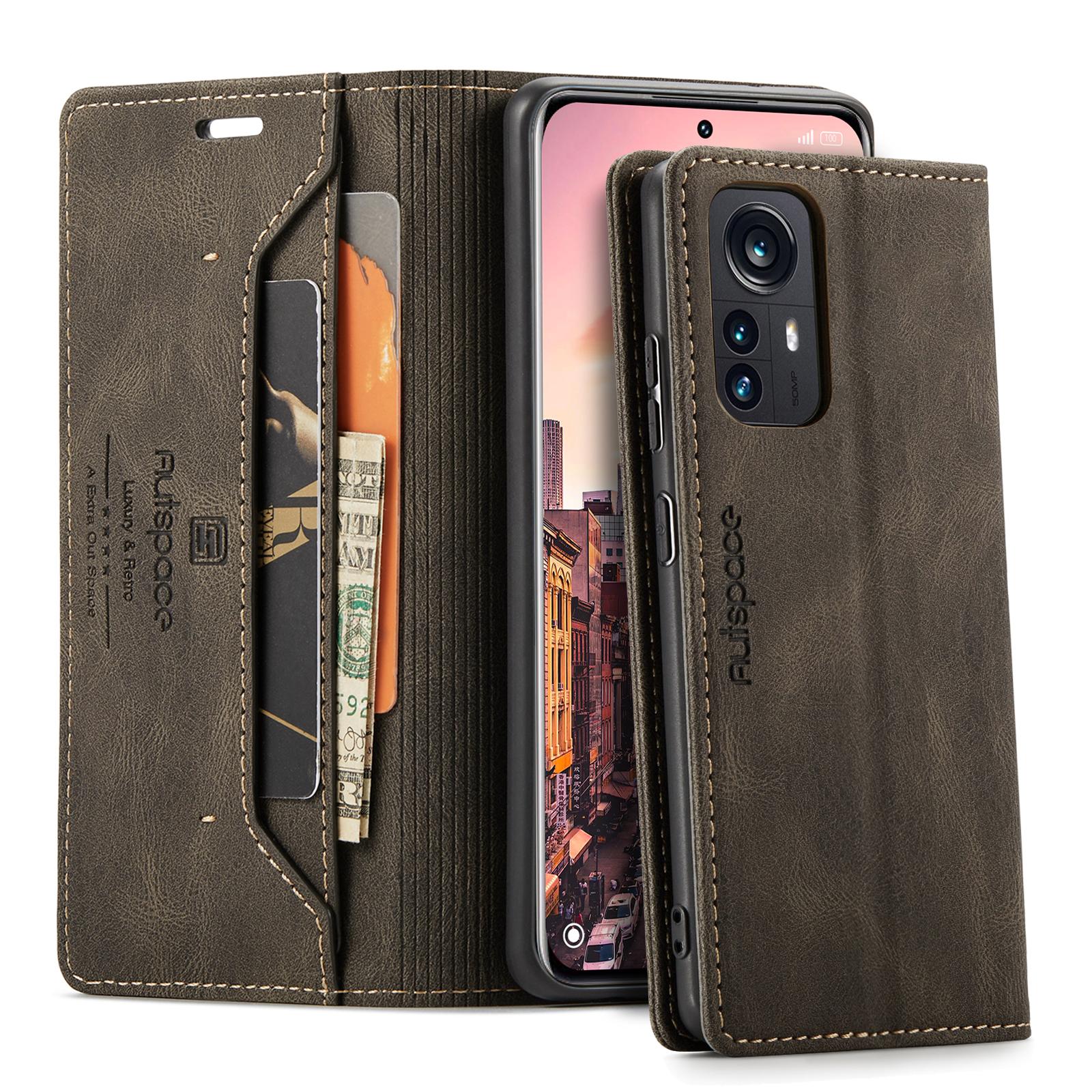 

For Xiaomi 12S Pro 5G/Xiaomi 12 Pro 5G Wallet Case AUTSPACE A01 Leather Stand Cover with RFID Blocking Card Holder Coffee