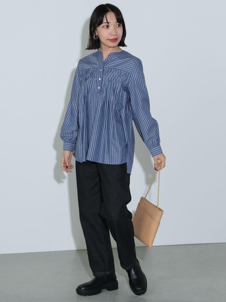 Beams Heart Modified Blouse Navy One Size Women's L/S Shirt, Tuck, No-Collar 2, Stripe,