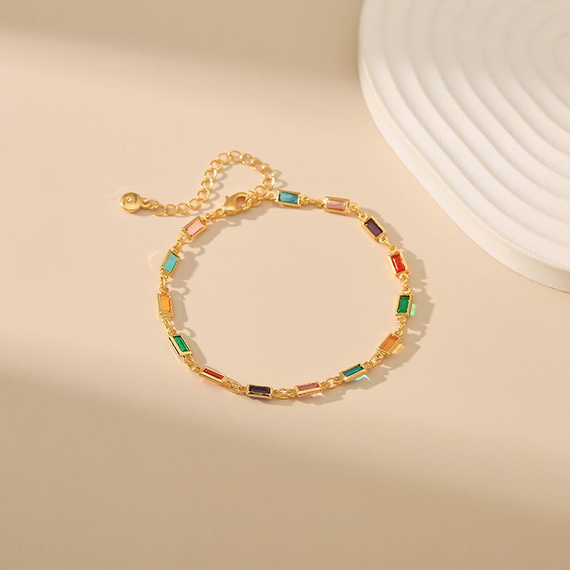 Gold Plated Stainless Steel Baguette Rainbow CZ Bezel Set Link Bracelet разноцветный