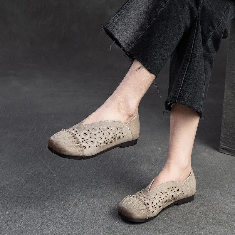 Johnature Retro-Echtleder, ausgehöhlt, atmungsaktiv, flache Schuhe, runde Zehen, lässige Damen-Slip-on-Schuhe