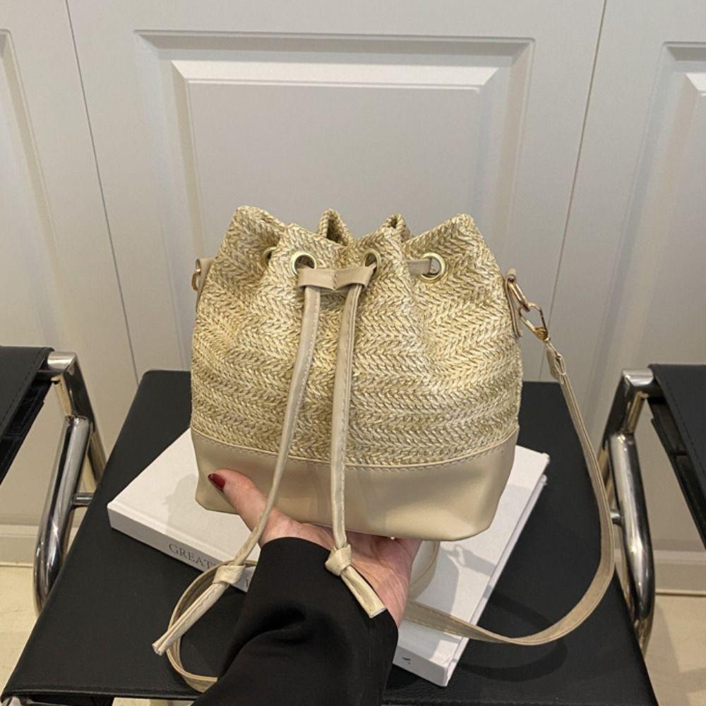 Bohemian Style Raffia Bag Woven Drawstring Bucket Bag Simple Weave Straw Crossbody Bag Holiday