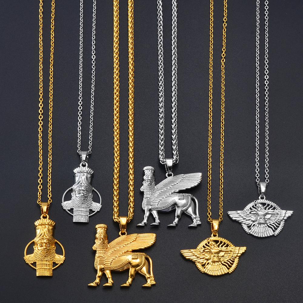 Anniyo Ashur Pendant Necklaces for Women Men Lama,Lamma,Winged Bull Lamassu is an Assyrian Protective Deity Jewelry #330806