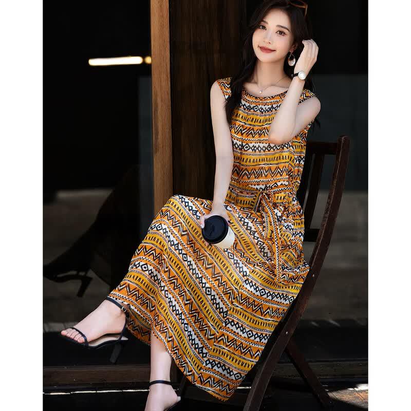 Demana Women's 100% Mulberry Silk Ethnic Striped Sleeveless Dress