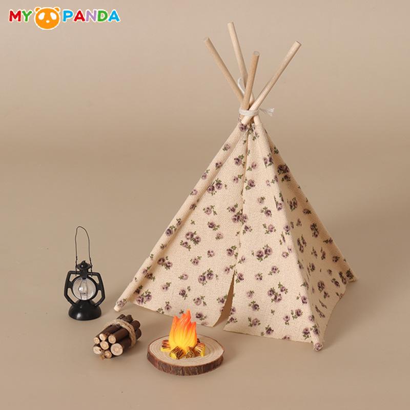 Durable 1 Set 1/12 Doll House Outdoor Cooking Barbecue Scene Decor Miniature Camping Tent Bonfire Model With Flower/Wave Point Pattern