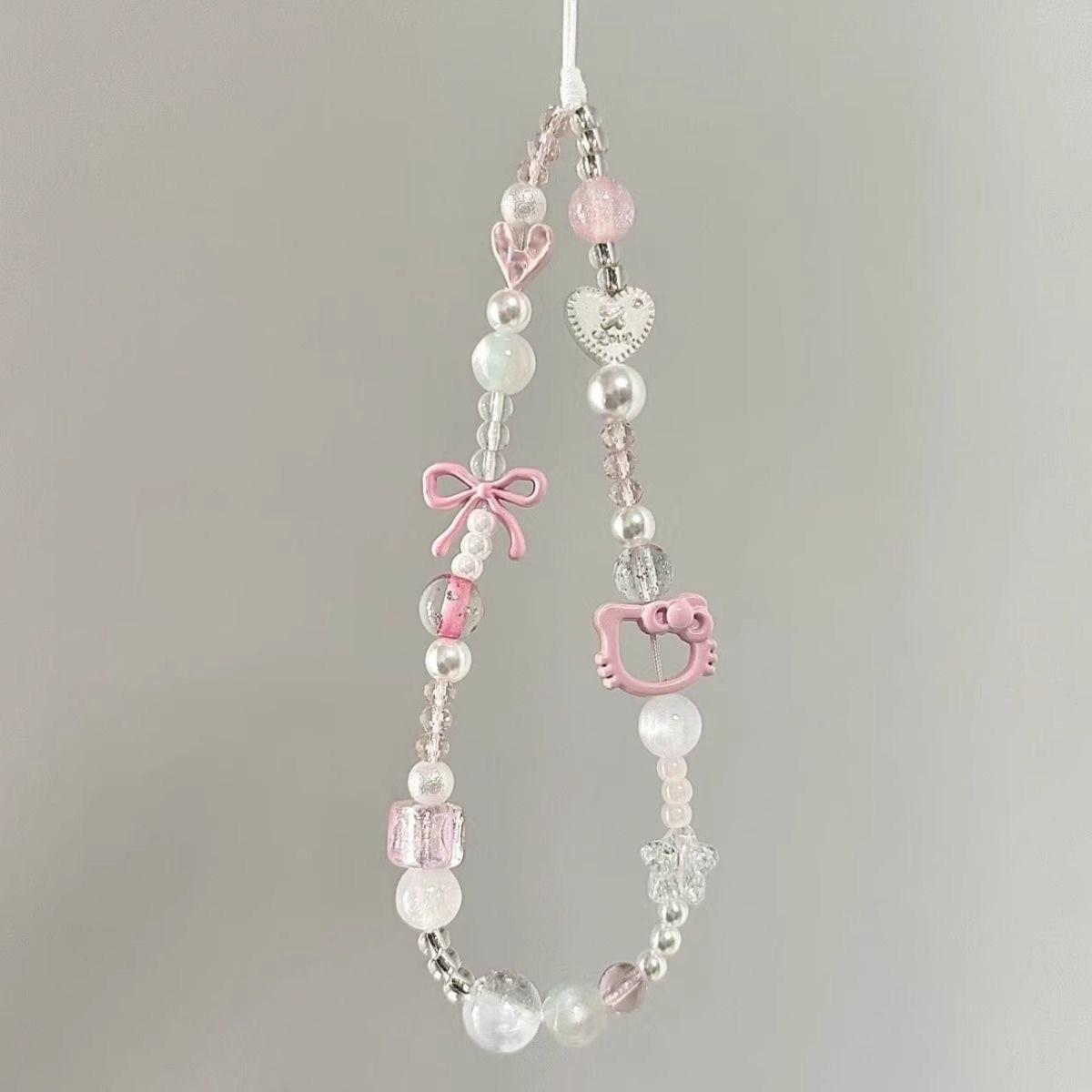 

Short Phone Strap Chain with Decorative Beads and Bow Charm Adjustable Length Mobile Phone Lanyard for Secure Carrying and Easy Access One Size