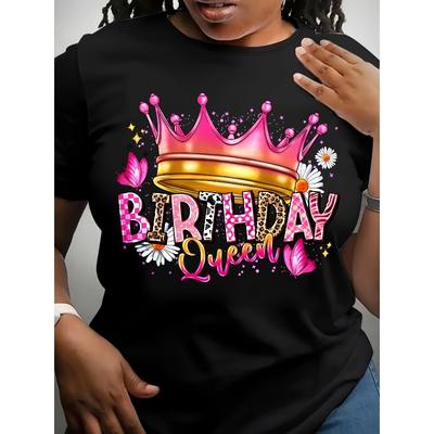 T-shirt Stampata Cartoon Regina del Compleanno Taglia Europea - Girocollo Casual, Poliestere, Primavera/Estate, Lunghezza Regolare, Tessuto a Maglia, 180 g/m²