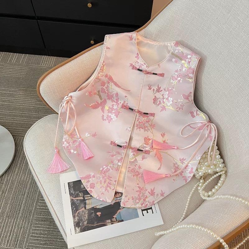 

Кнопка жаккардовая вышивка бахрома жилет женский 2025 осень с розовым жилетом жилет женский 3XL (recommended 138-75kg) розовый